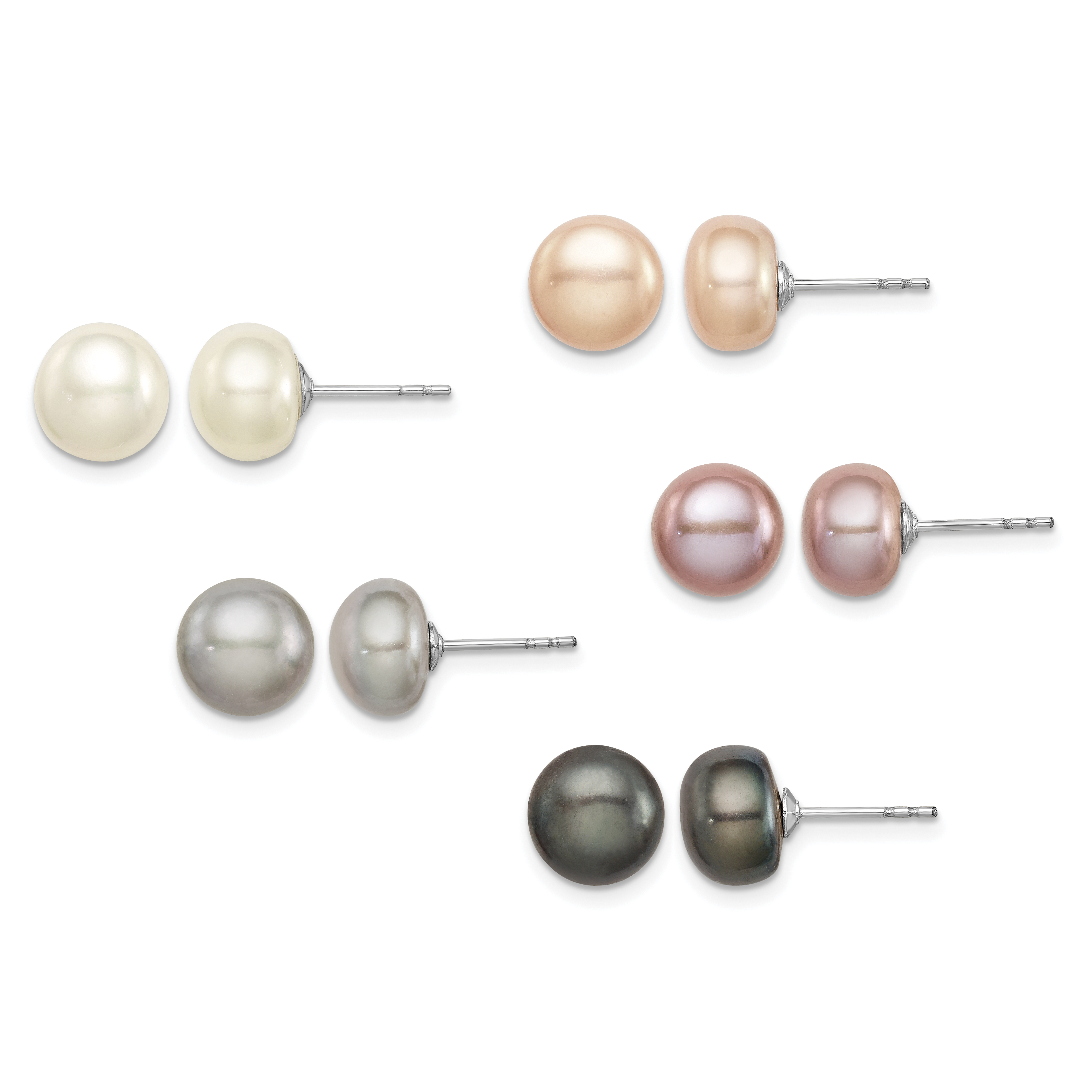 Sterling Silver Rhodium-plated 8-9mm Pink, White, Purple, Grey and Black Button Freshwater Cultured Pearl Set of 5 Post Earrings (QE12885SET)