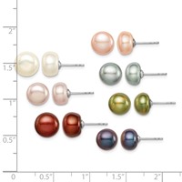 Sterling Silver Rhodium-plated 8-9mm Multi-color Button Freshwater Cultured Pearl Set of 7 Post Earrings view 3