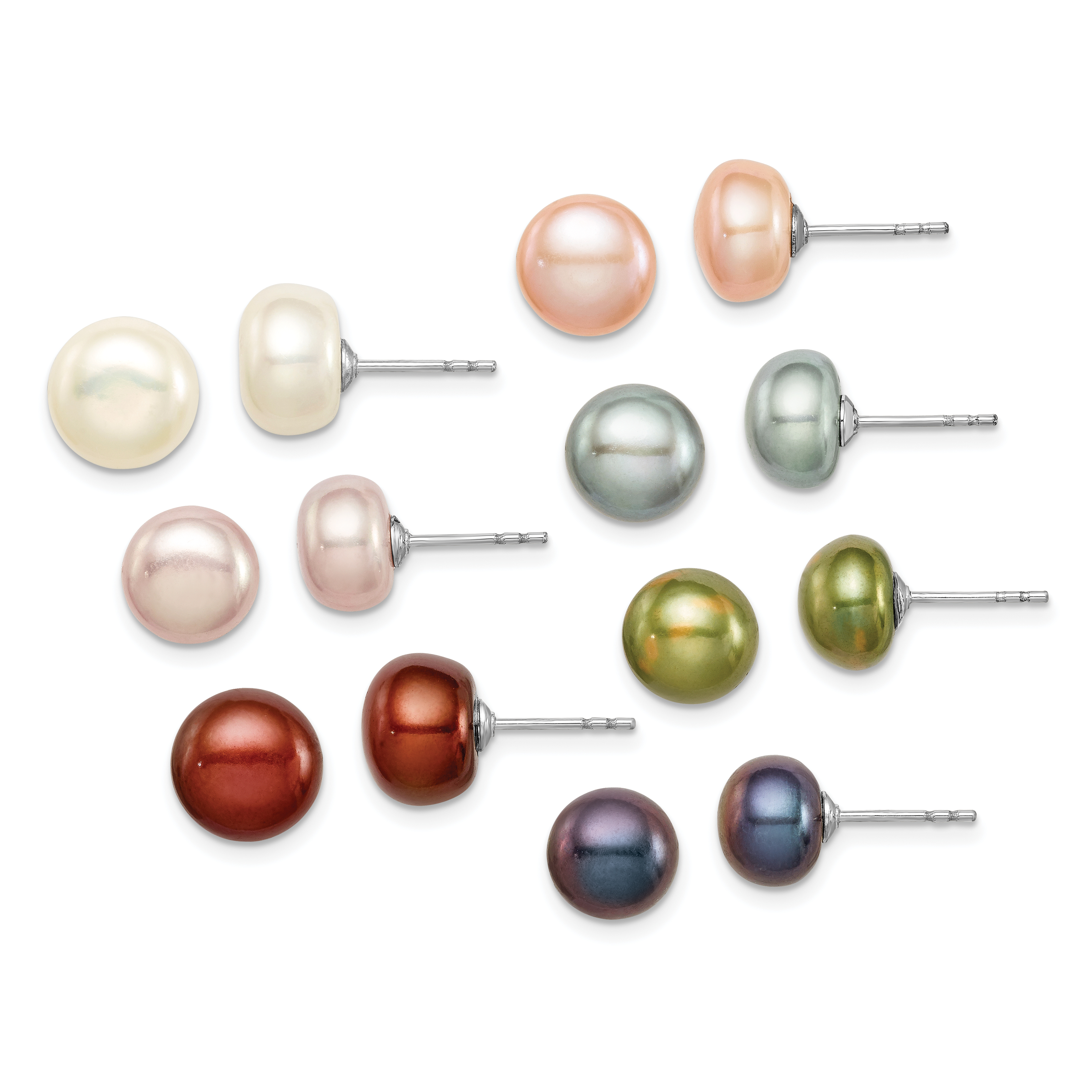 Sterling Silver Rhodium-plated 8-9mm Multi-color Button Freshwater Cultured Pearl Set of 7 Post Earrings (QE12886SET)