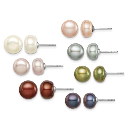 Sterling Silver Rhodium-plated 8-9mm Multi-color Button Freshwater Cultured Pearl Set of 7 Post Earrings