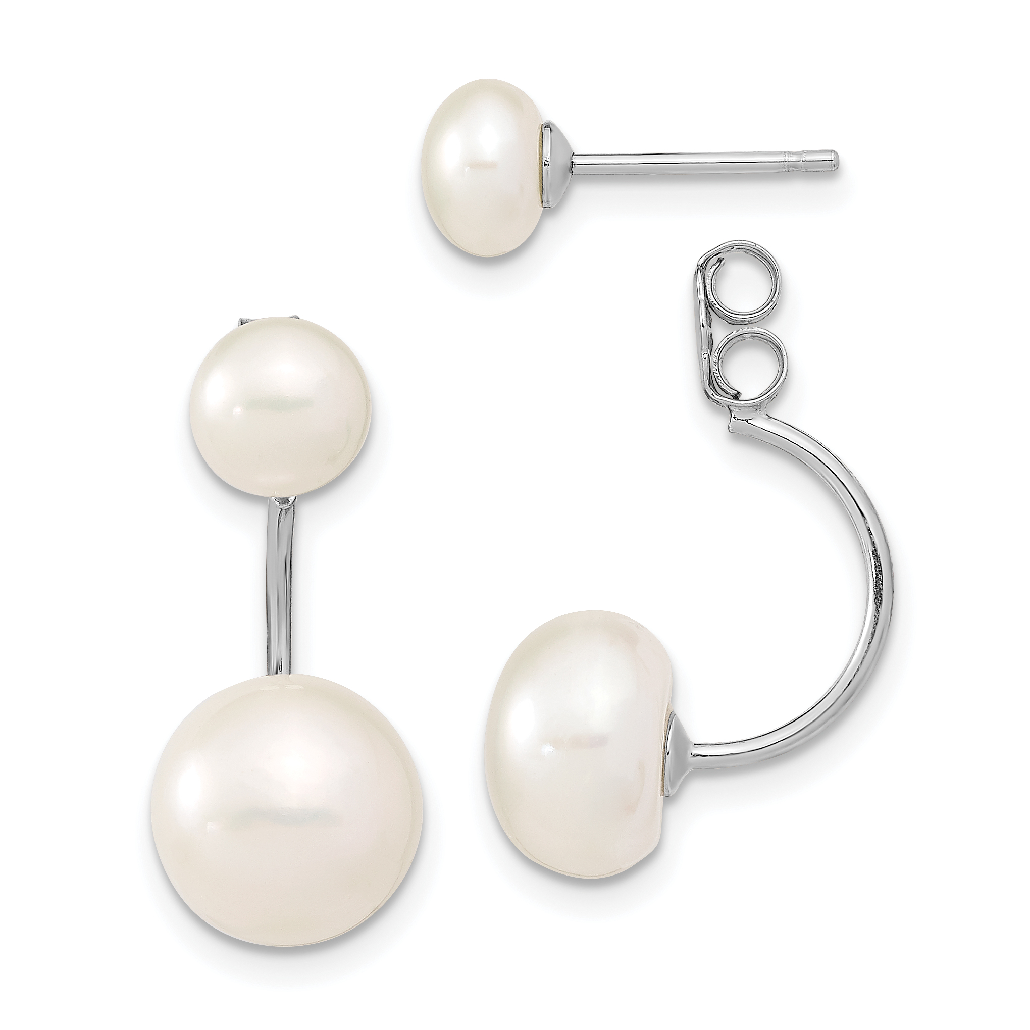 Sterling Silver Rhodium-plated 5-6mm and 8-9mm White Button Freshwater Cultured Pearl Front and Back Post Dangle Earrings (QE12888WW)