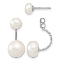 Sterling Silver Rhodium-plated 5-6mm and 8-9mm White Button Freshwater Cultured Pearl Front and Back Post Dangle Earrings view 1