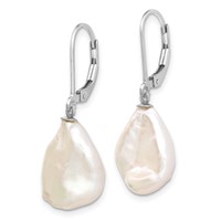 Sterling Silver Rhodium-plated 13-15mm White Keshi Freshwater Cultured Pearl Leverback Dangle Earrings view 2