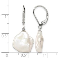 Sterling Silver Rhodium-plated 13-15mm White Keshi Freshwater Cultured Pearl Leverback Dangle Earrings view 4