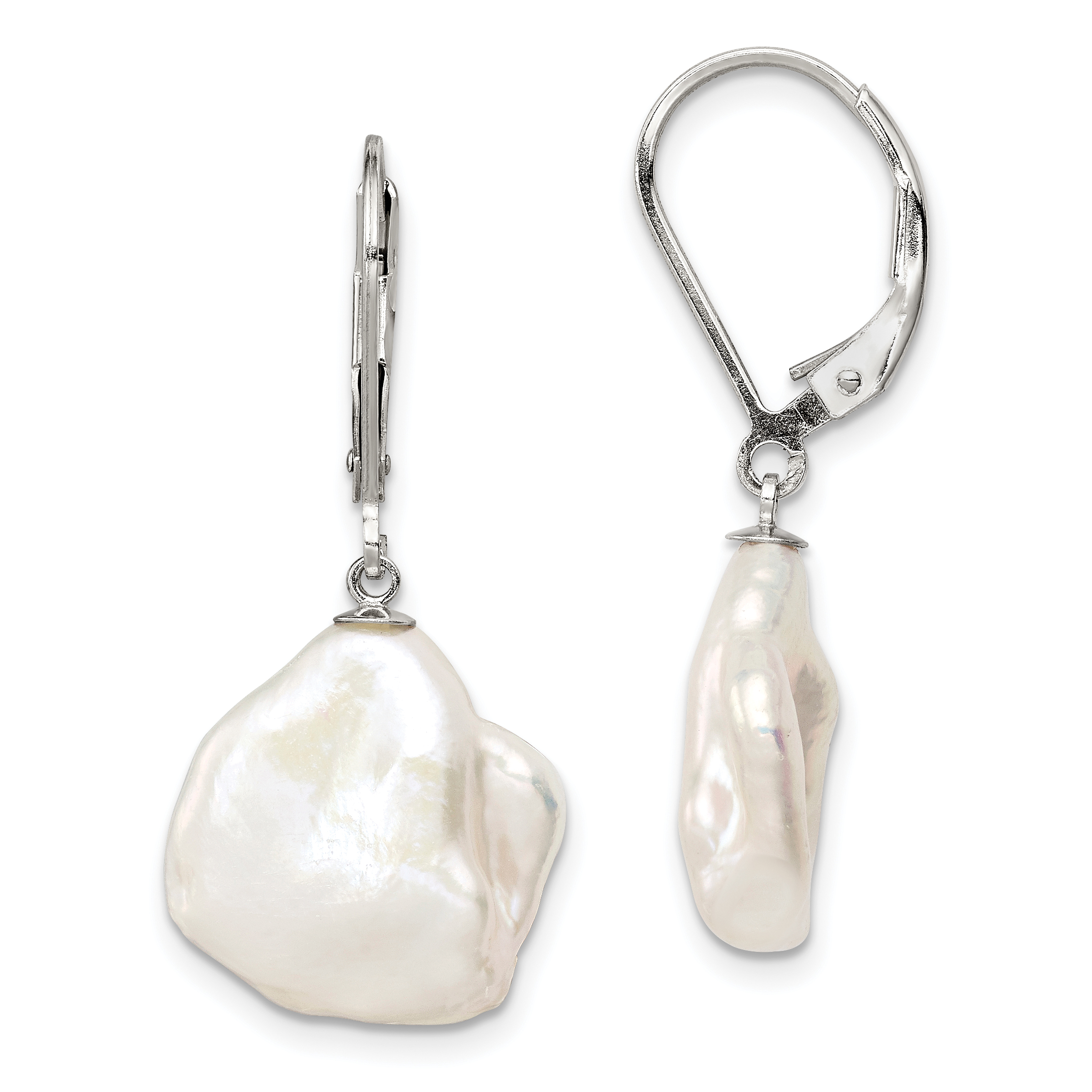 Sterling Silver Rhodium-plated 13-15mm White Keshi Freshwater Cultured Pearl Leverback Dangle Earrings (QE12889W)