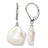 Sterling Silver Rhodium-plated 13-15mm White Keshi Freshwater Cultured Pearl Leverback Dangle Earrings view 1
