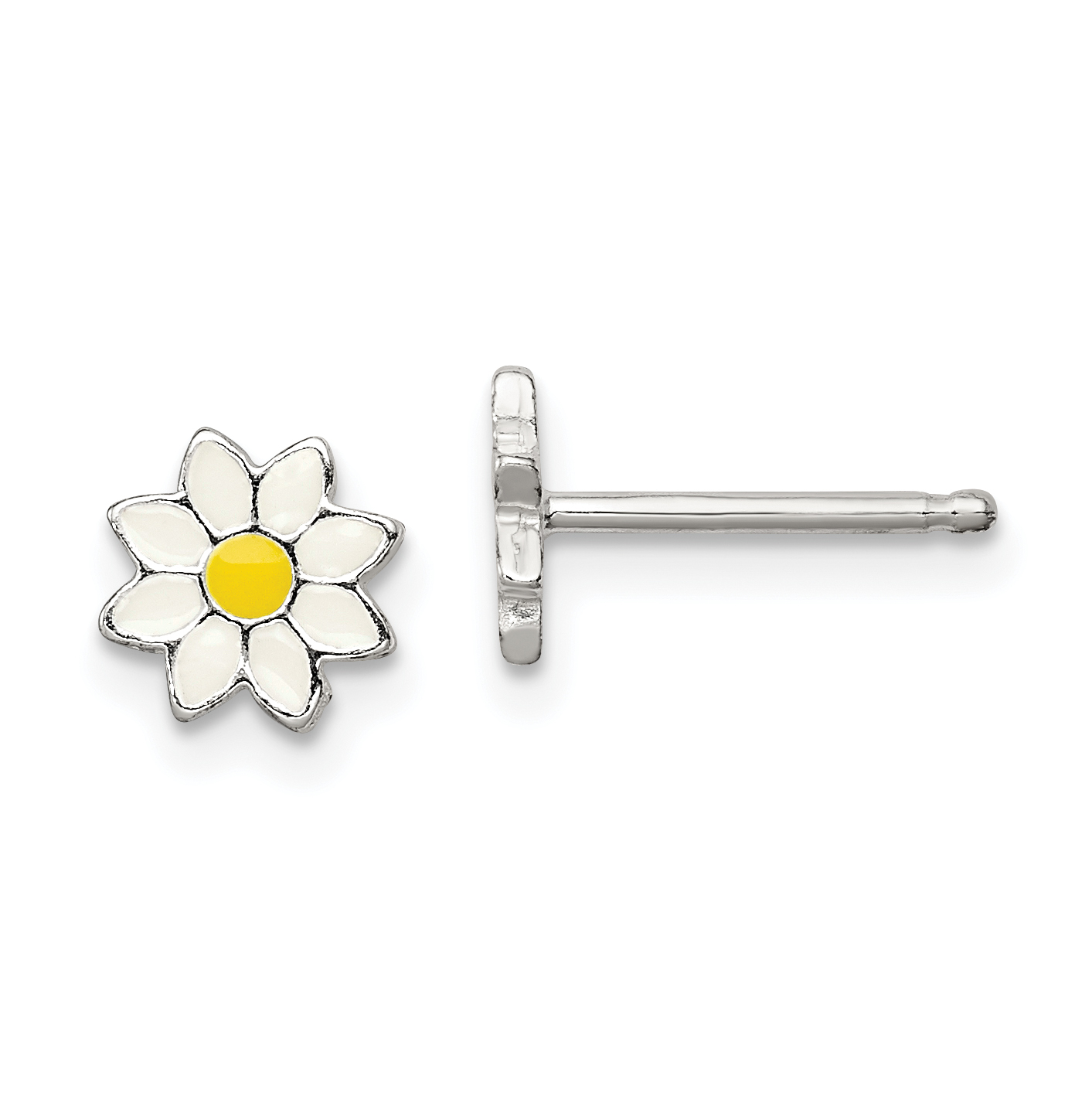 Sterling Silver Polished Yellow & White Enameled Flower Children's Post Earrings (QE12897)