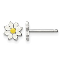 Sterling Silver Polished White and Yellow Enameled Flower Petite Post Earrings view 1