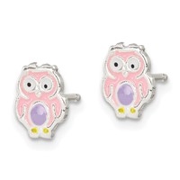 Sterling Silver Polished and Multi-color Enameled Owl Post Earrings view 2