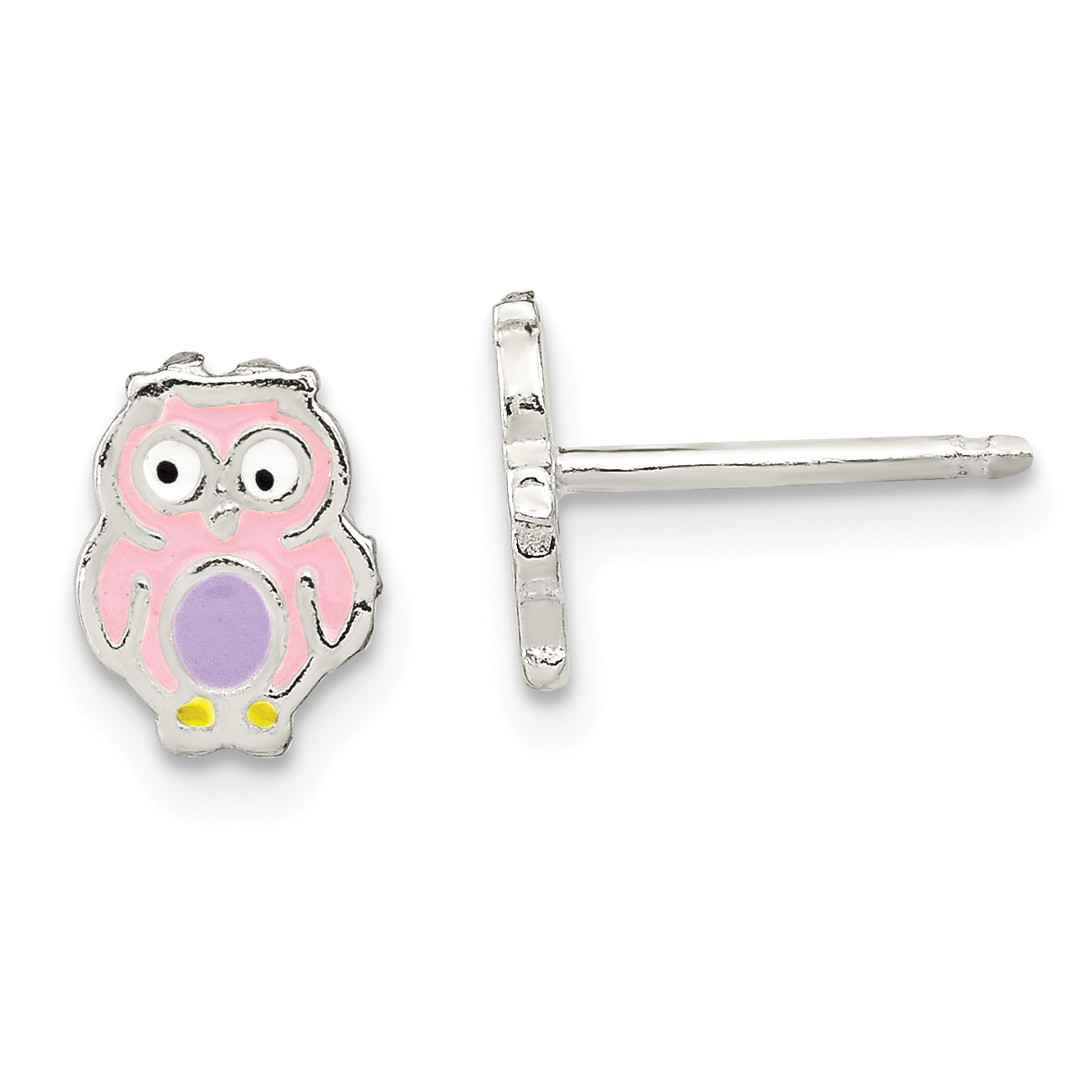 Sterling Silver Polished & Multi-color Enameled Owl Children's Post Earrings (QE12900)