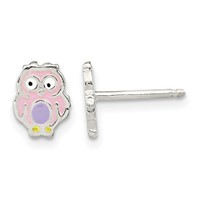 Sterling Silver Polished and Multi-color Enameled Owl Post Earrings view 1