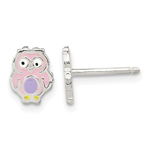 Sterling Silver Polished and Multi-color Enameled Owl Post Earrings