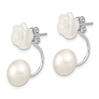 Sterling Silver Rhodium-plated 8-9mm White Button Freshwater Cultured Pearl and Mother Flower Front and Back Post Earrings view 2