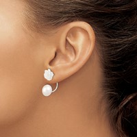 Sterling Silver Rhodium-plated 8-9mm White Button Freshwater Cultured Pearl and Mother Flower Front and Back Post Earrings view 3