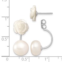 Sterling Silver Rhodium-plated 8-9mm White Button Freshwater Cultured Pearl and Mother Flower Front and Back Post Earrings view 4
