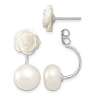 Sterling Silver Rhodium-plated 8-9mm White Button Freshwater Cultured Pearl and Mother Flower Front and Back Post Earrings view 1