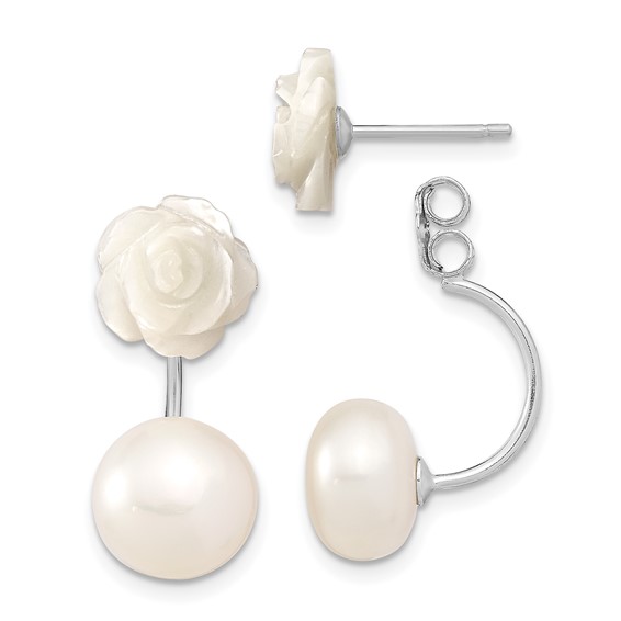 Sterling Silver Rhodium-plated 8-9mm White Button Freshwater Cultured Pearl and Mother Flower Front and Back Post Earrings