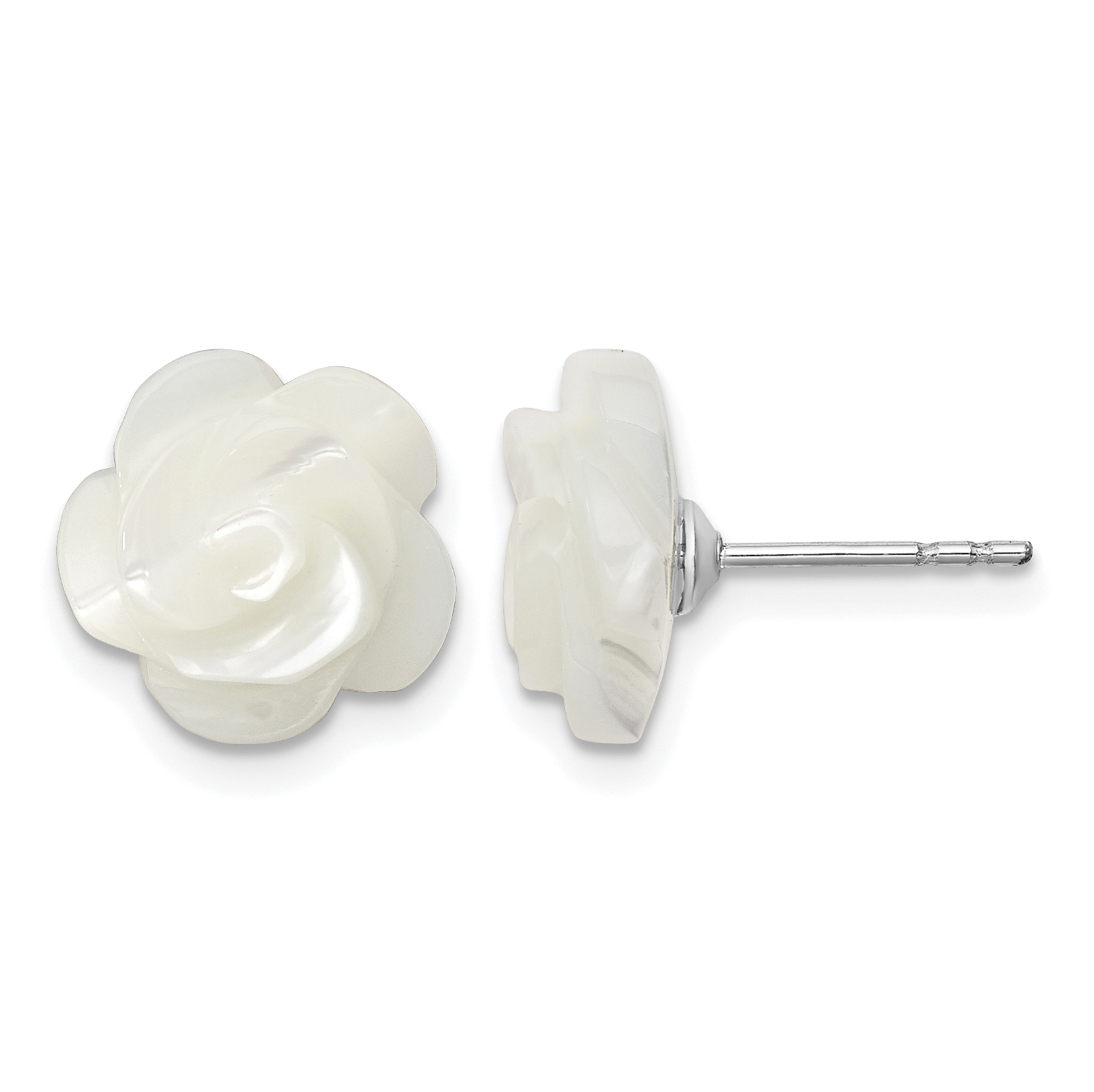 Sterling Silver Rhodium-plated 10mm White Mother of Pearl Flower Post Earrings (QE12901W)