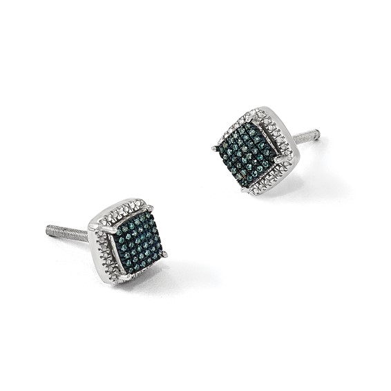 White Night Sterling Silver Rhodium-plated Blue Diamond Square Screwback Post Earrings