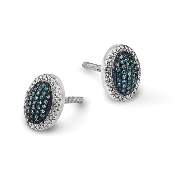White Night Sterling Silver Rhodium-plated Blue Diamond Oval Screwback Post Earrings