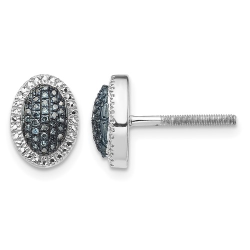White Night Sterling Silver Rhodium-plated Blue Diamond Oval Screwback Post Earrings