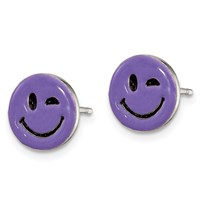 Sterling Silver Purple Enamel Winking Smiley Face Post Earrings view 2