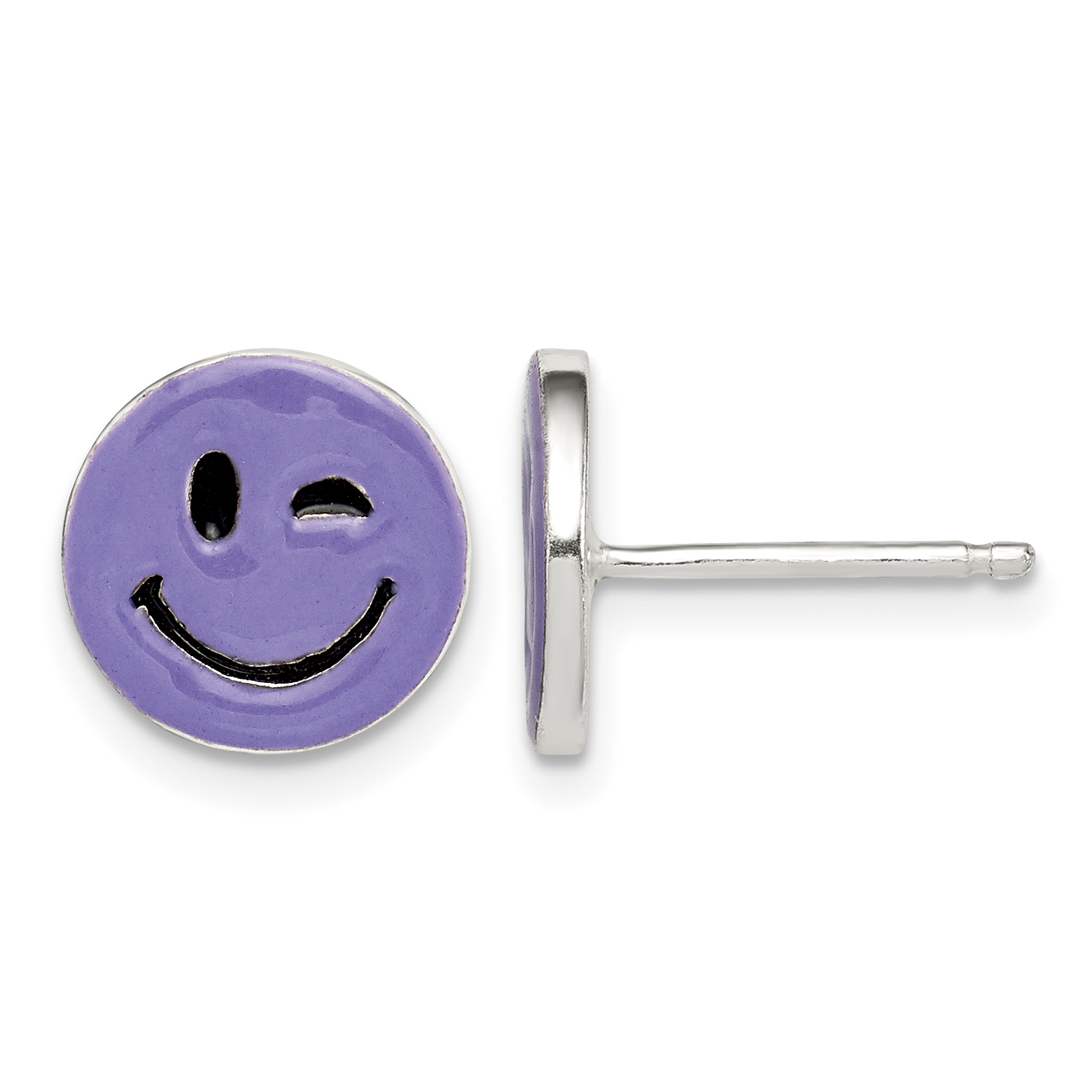 Sterling Silver Purple Enamel Winking Smiley Face Post Earrings (QE12919)