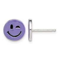 Sterling Silver Purple Enamel Winking Smiley Face Post Earrings view 1