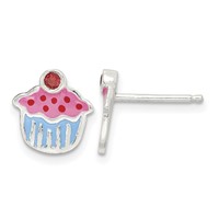 Sterling Silver Polished Enamel Garnet Cupcake Post Earrings view 1