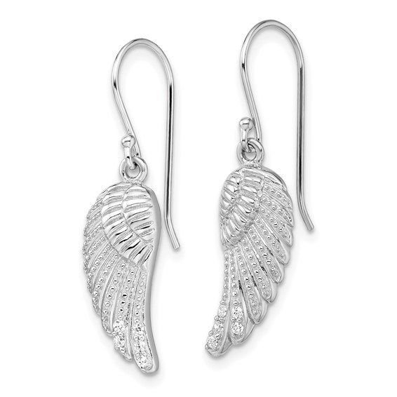Sterling Silver RH-plated Polished/Textured CZ Wings Dangle Earrings