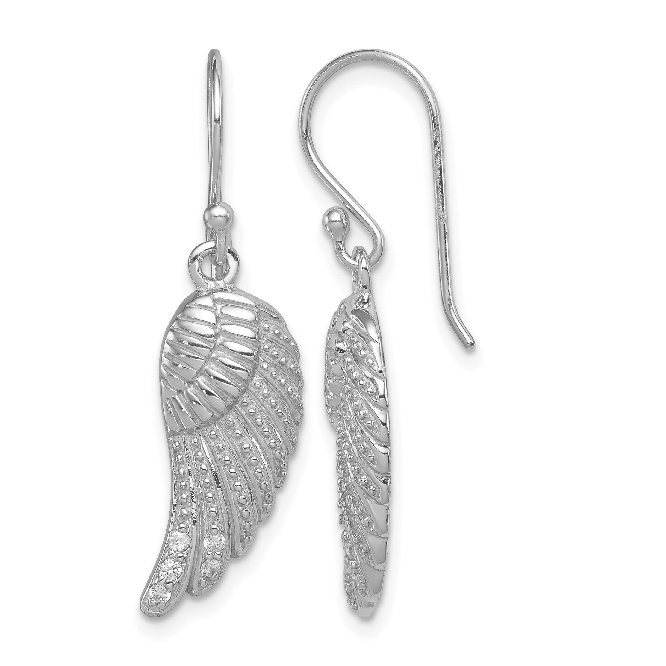 Sterling Silver RH-plated Polished/Textured CZ Wings Dangle Earrings (QE12935)
