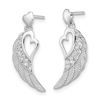 Sterling Silver Rhodium-plated Polished & Textured CZ Open Heart Wings Post Dangle Earrings view 2