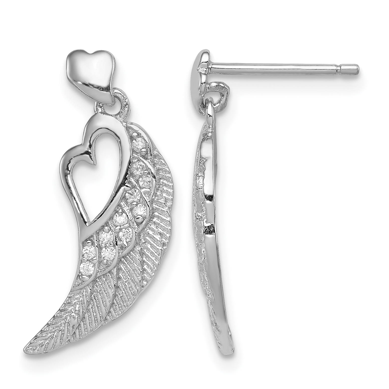 Sterling Silver Rhodium-plated Polished & Textured CZ Open Heart Wings Post Dangle Earrings (QE12939)