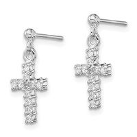 Sterling Silver Rhodium-plated Polished CZ Cross Post Dangle Earrings view 2