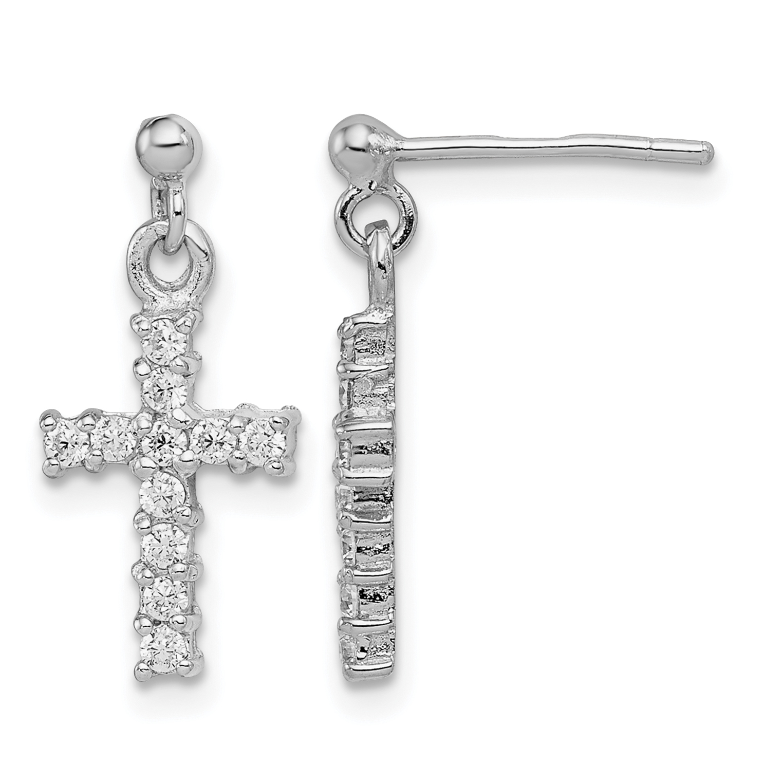 Sterling Silver Rhodium-plated Polished CZ Cross Post Dangle Earrings (QE12942)