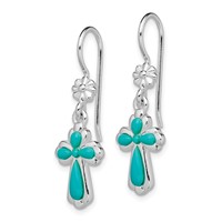 Sterling Silver Rhodium-plated Polished Imitation Turquoise Cross & Flower Dangle Earrings view 2