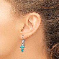 Sterling Silver Rhodium-plated Polished Imitation Turquoise Cross & Flower Dangle Earrings view 3