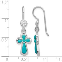 Sterling Silver Rhodium-plated Polished Imitation Turquoise Cross & Flower Dangle Earrings view 4