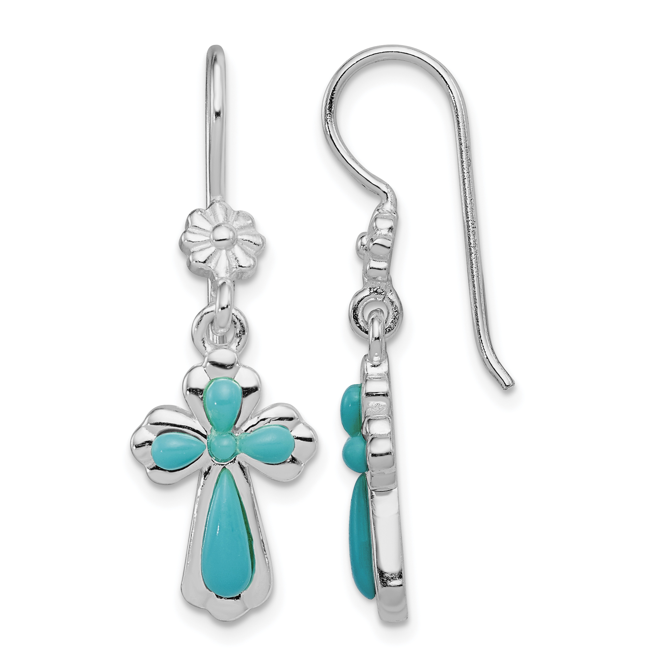 Sterling Silver Rhodium-plated Polished Imitation Turquoise Cross & Flower Dangle Earrings (QE12950)