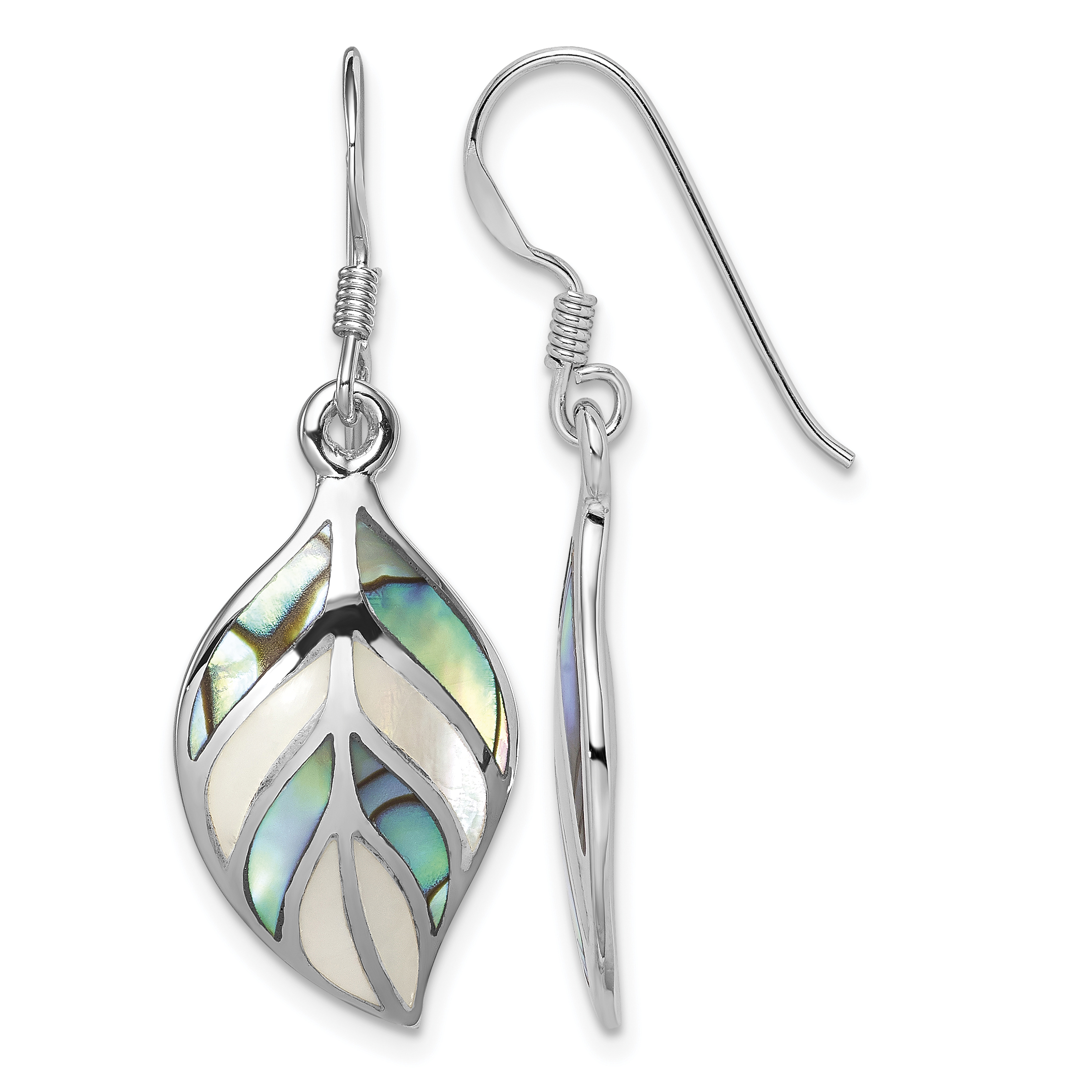 Sterling Silver Rhodium Leaf MOP and Abalone Dangle Earrings (QE12958)