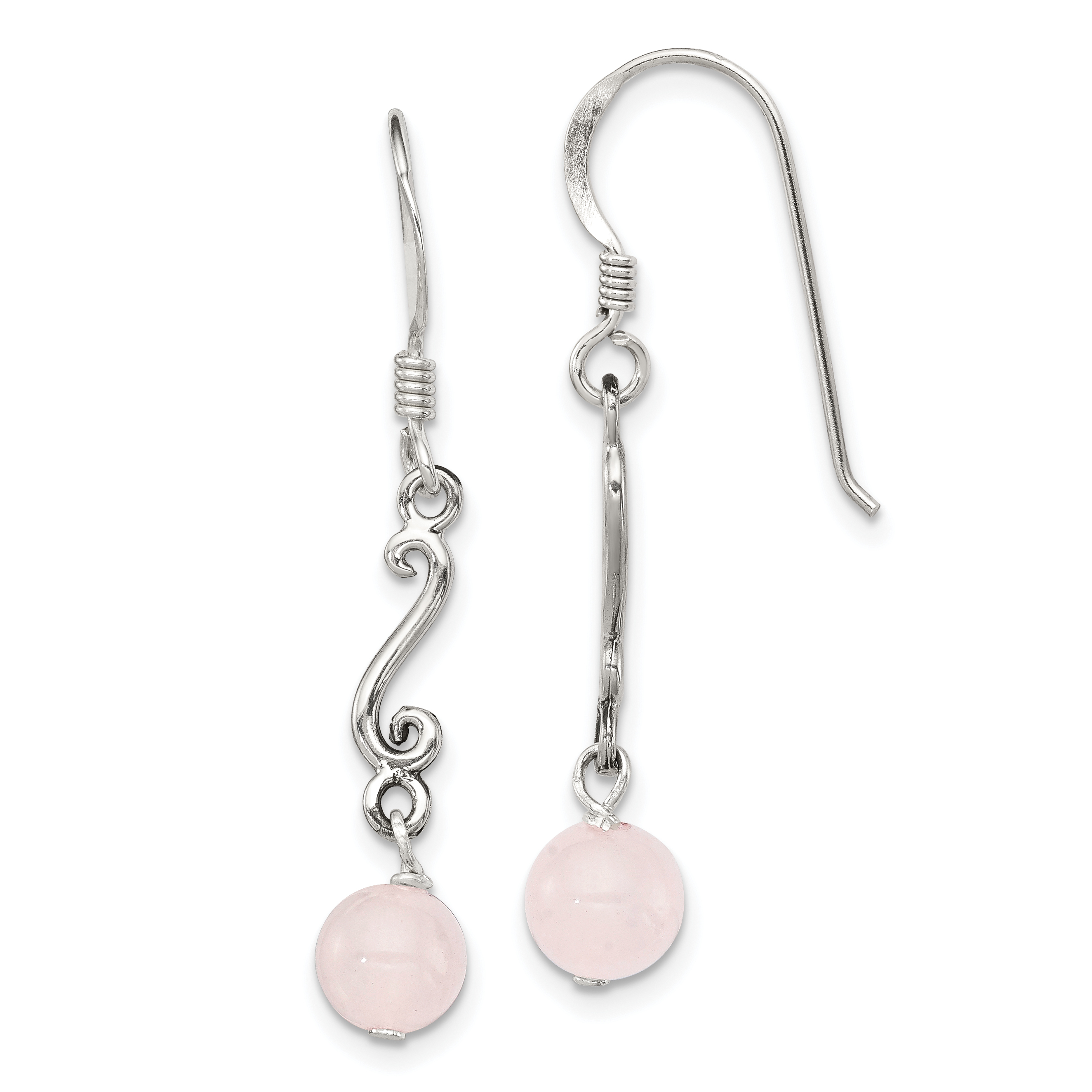 Sterling Silver Polished & Antiqued Rose Quartz Swirl Dangle Earrings (QE1296)