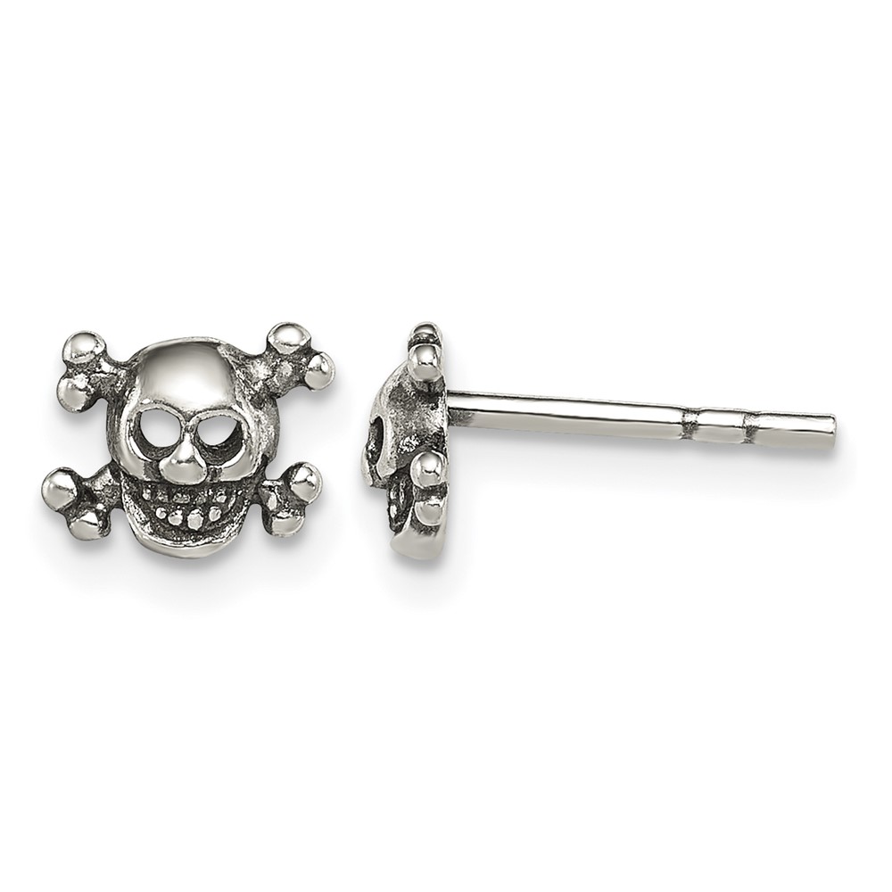 Sterling Silver Polished and Antiqued Skull Post Earrings