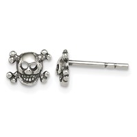 Sterling Silver Polished and Antiqued Skull Post Earrings view 1