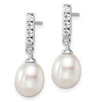 Sterling Silver Rhodium-plated 8-9mm White Teardrop Freshwater Cultured Pearl and CZ Post Earrings view 2