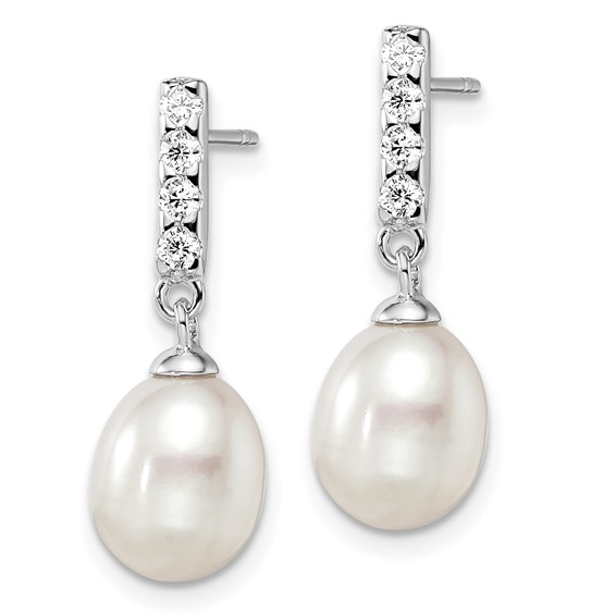 Sterling Silver Rhodium-plated 8-9mm White Teardrop Freshwater Cultured Pearl and CZ Post Earrings