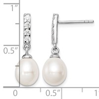 Sterling Silver Rhodium-plated 8-9mm White Teardrop Freshwater Cultured Pearl and CZ Post Earrings view 4