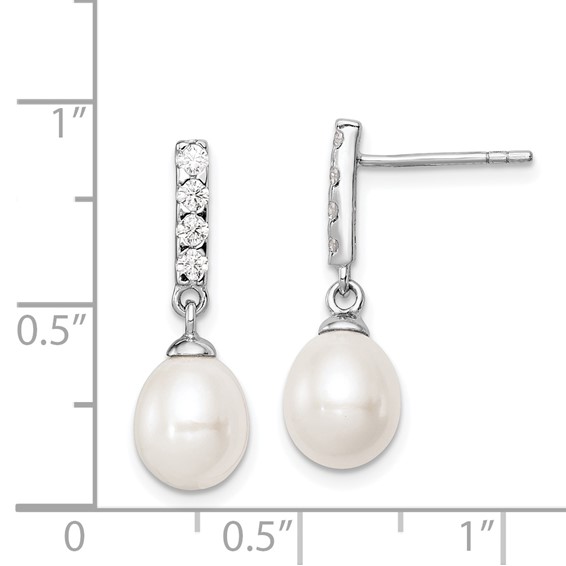 Sterling Silver Rhodium-plated 8-9mm White Teardrop Freshwater Cultured Pearl and CZ Post Earrings