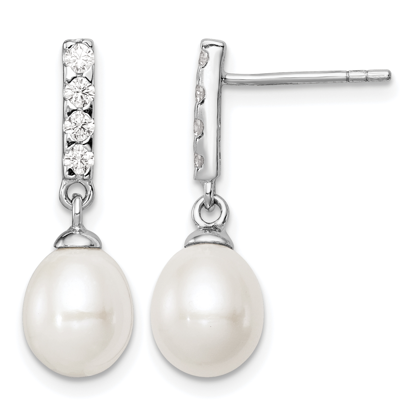 Sterling Silver Rhodium-plated 8-9mm White Teardrop Freshwater Cultured Pearl and CZ Post Earrings (QE12968)