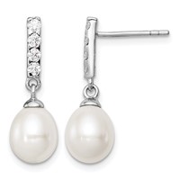 Sterling Silver Rhodium-plated 8-9mm White Teardrop Freshwater Cultured Pearl and CZ Post Earrings view 1