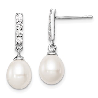 Sterling Silver Rhodium-plated 8-9mm White Teardrop Freshwater Cultured Pearl and CZ Post Earrings